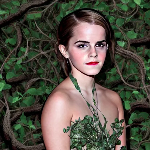 Image similar to angry emma watson entangled and stuck in giant vines