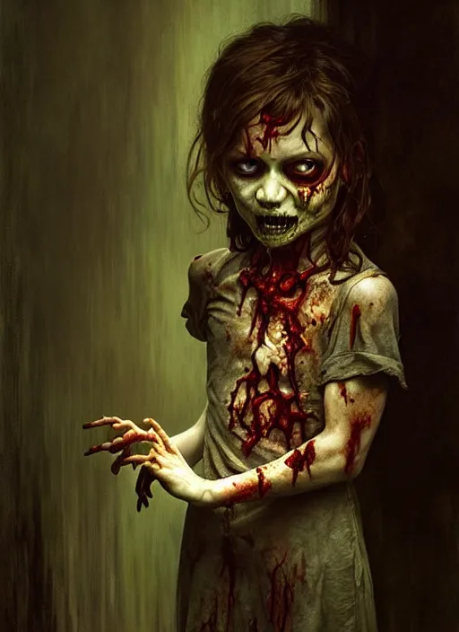 Image similar to a zombie child in a dark living room, diffuse lighting, fantasy, intricate, elegant, highly detailed, lifelike, photorealistic, digital painting, artstation, illustration, concept art, smooth, sharp focus, art by john collier and albert aublet and krenz cushart and artem demura and alphonse mucha