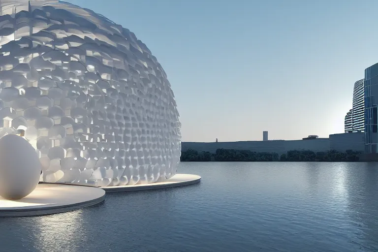 Image similar to a building composed of many white spherical egg shaped circular spaces and boolean combinations stacked together. on the calm lake, people's perspective modern curved architecture, future, wood, marble, metal award winning, highly detailed 4 k art, dusk, unreal engine highly rendered, global illumination, radial light, internal environment by kazuyo sejima