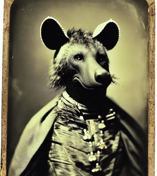 Image similar to professional studio photo portrait of anthro anthropomorphic spotted hyena head animal person fursona smug smiling wearing elaborate pompous royal king robes clothes degraded medium by Louis Daguerre daguerreotype tintype