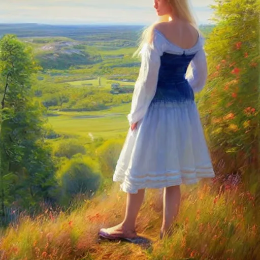 Prompt: blonde woman watching over the swedish countryside, archipelago, morning, masterpiece, highly detailed, beautiful, atmospheric, impressionism, painting by Vladimir Volegov