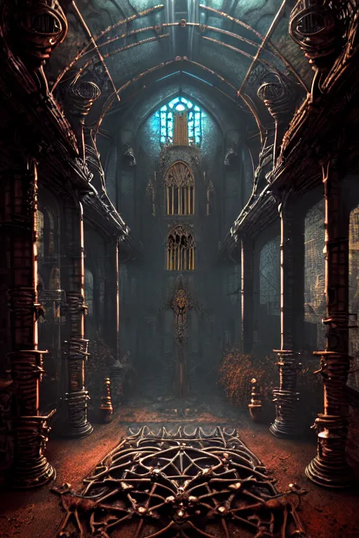 Image similar to steam necropolis, memento mori, gothic, neo - gothic, art nouveau, hyperdetailed copper patina medieval icon, stefan morrell, philippe druillet, ralph mcquarrie, concept art, steampunk, unreal engine, detailed intricate environment, octane render, moody atmospherics, volumetric lighting, ultrasharp, ominous, otherworldly