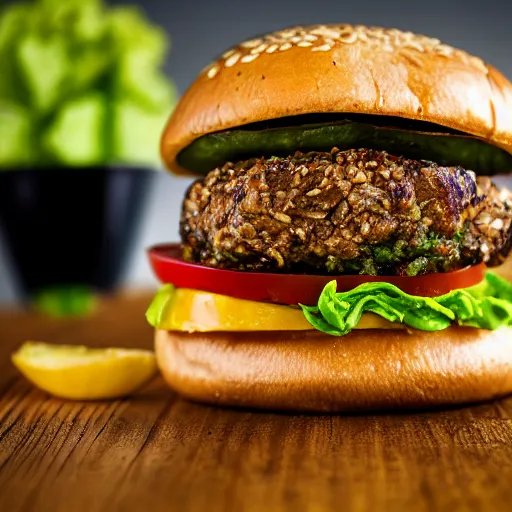 Prompt: juicy vegan hamburger topped with guacamole and fried onion and a vegan fried egg, crispy buns, 8 k resolution, professional food photography, studio lighting, sharp focus, hyper - detailed