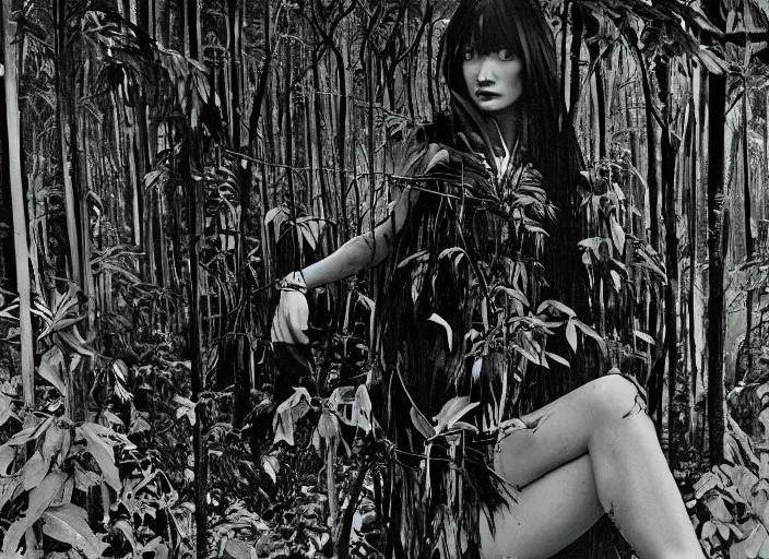 Image similar to a female model with long black hair, emerging from a dense misty jungle wearing camouflage by yohji yamamoto, in the style of daido moriyama, 3 5 mm film, camera obscura, double exposure