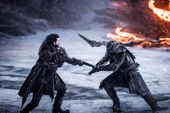 Image similar to very very intricate photorealistic photo of jon snow fighting the night king, photo is in focus with detailed atmospheric lighting, award - winning details