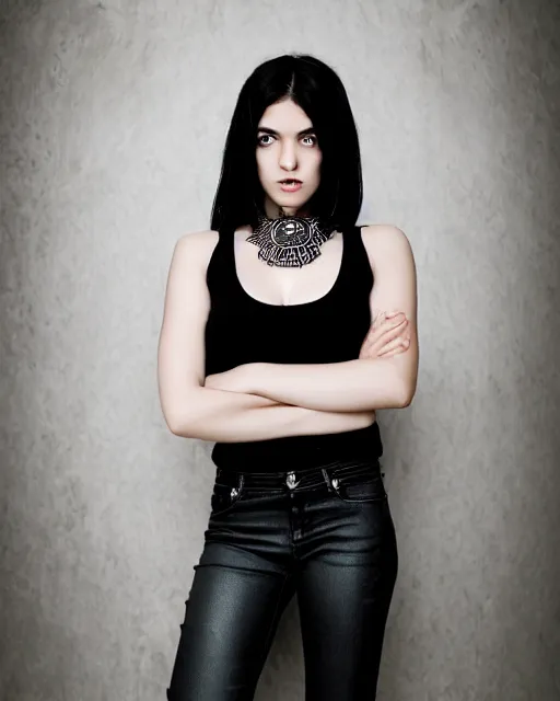 Prompt: a beautiful half body photo of a Young female with long disheveled black hair , paper white skin and reflective eyes, black tank top, black leather shiny jeans, an ankh necklace white colors in the background, 500px photos, top cinematic lighting , cinematic mood, very detailed, shot in canon 50mm f/1.2