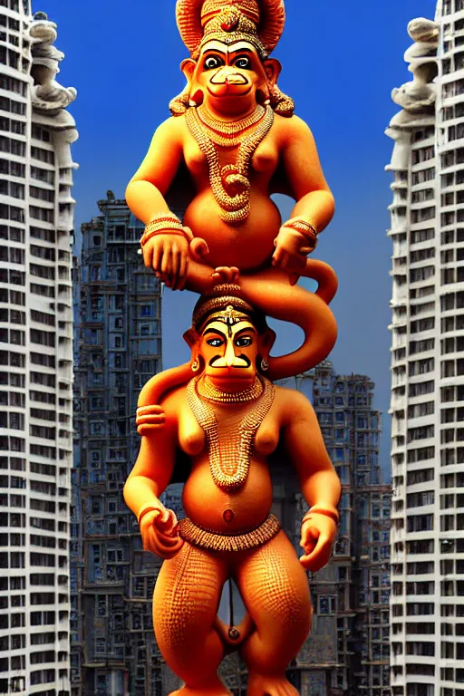 Image similar to high quality 3 d baroque biomorphic hanuman! buildings in mumbai!!, highly detailed, cinematic smooth, berenice abbott & john j. park, dramatic morning light, very wide shot, high angle, uhd 8 k, sharp focus