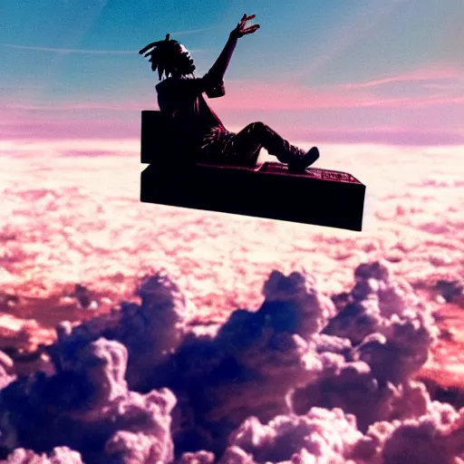 Prompt: Travis Scott sitting on a cloud over Earth, 4k, Aubrey Powell, vintage photo, beautiful cinematography, surreal, film grain