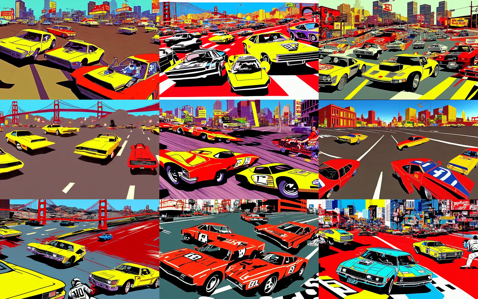 Prompt: stunt driver racing bullit through san francisco in 1 9 7 0, 3 point perspective, quentin tarantino action shot, gta 3, painting by syd mead, drew struznan and keith harring