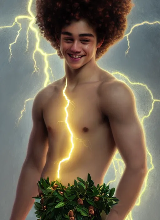 Image similar to portrait of teenage zeus, greek, short curly copper hair, smiling mischievously, wearing a white sash, olive tree, intricate, elegant, lightning bolt, glowing lights, highly detailed, digital painting, artstation, concept art, smooth, sharp focus, mist, volumetric lighting, illustration, art by wlop, mucha, artgerm, and greg rutkowski