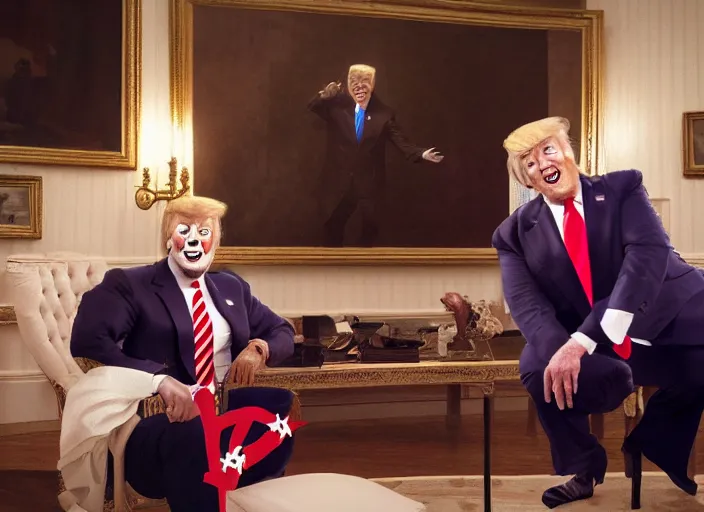 Image similar to Beautiful art portrait of Joe Biden acting as Clown buffoon in the Whitehouse with Donald Trump laughing in the background, unreal 5, DAZ, hyperrealistic, octane render dynamic lighting, vray