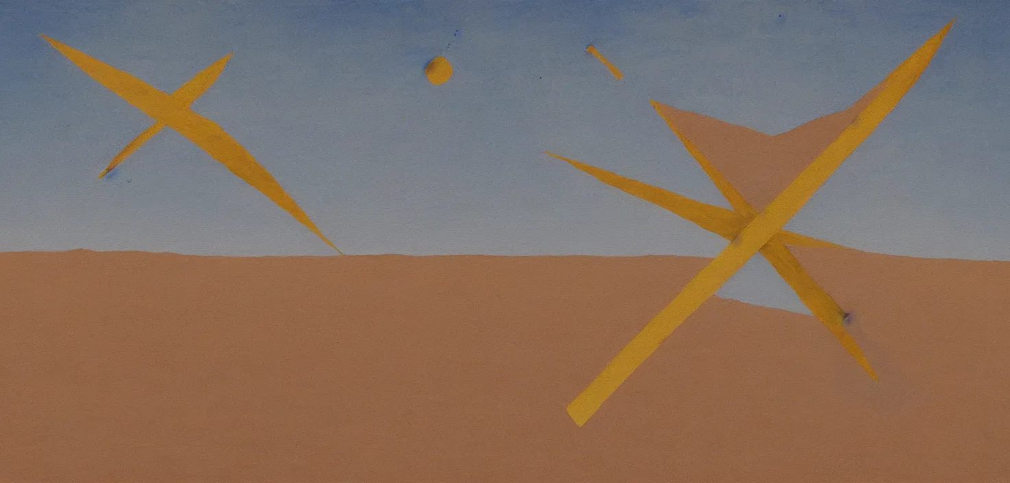 Prompt: painting of a giant sundial in the middle of the desert at the centre of a lake, small elongated planes, imagined reality with expressive marks