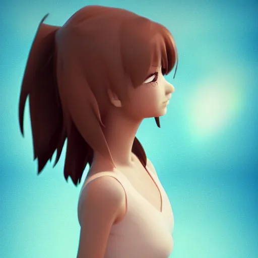 Image similar to girl drifting away, pixel by pixel floating away into the air. professional 3D render. very cute 3D character. anime inspired 3D sculpt. soft pencil shadowing .