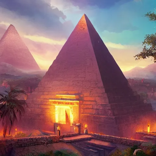 Image similar to magical ancient pyramid, gold, treasure, lara croft charater, realistic illustration, pyramid surrounded with greenery, illustrations, 3 d render, illustrated, incredible details, highly detailed, photorealistic, disney pixar, octane render, iridescent, anime, 8 k