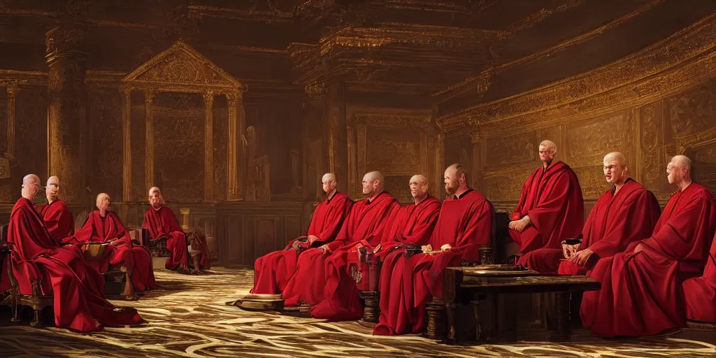 Prompt: beautiful oil matte portrait painting, ancient senators in royal crimson robes sit in tribunes, highly detailed, beautiful cinematic light deep focus, elegant, digital painting, smooth, sharp focus, golden ratio, dramatic illumination, art by aleksi briclot, rutkowski and caravaggio