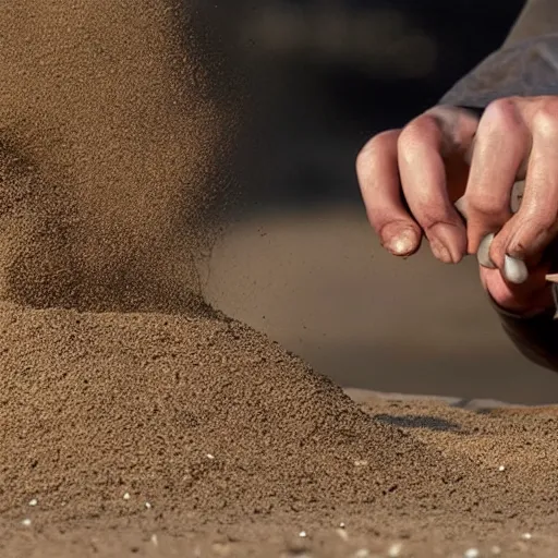 Prompt: Hayden Christensen in Attack of the Clones eating sand by scooping it up in his hands, close up, 4K photography, cinematographic