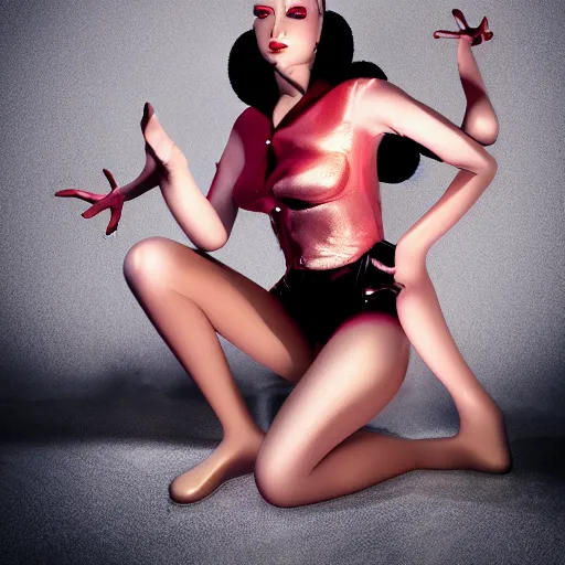 Image similar to shapeshifting space alien horror as a pin up model, 8 k fashion photography, soft lighting