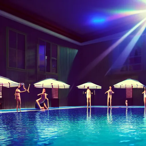 Image similar to a photo of a group of friends about to jump in a swimming pool ultra realistic, lens flare, atmosphere, glow, detailed, intricate, full of colour, cinematic lighting, trending on artstation, 4 k, hyperrealistic, focused, extreme details, unreal engine 5, cinematic, masterpiece, ultra realistic, hyper realistic, highly detailed, sharp focus, digital art