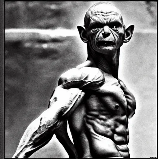 Image similar to Gollum is a jacked muscle builder gigachad, grayscale photography