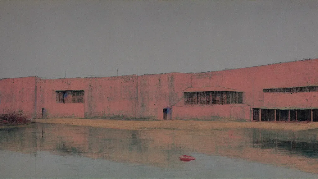 Image similar to a chinese prison near a river by peter doig, muted colors