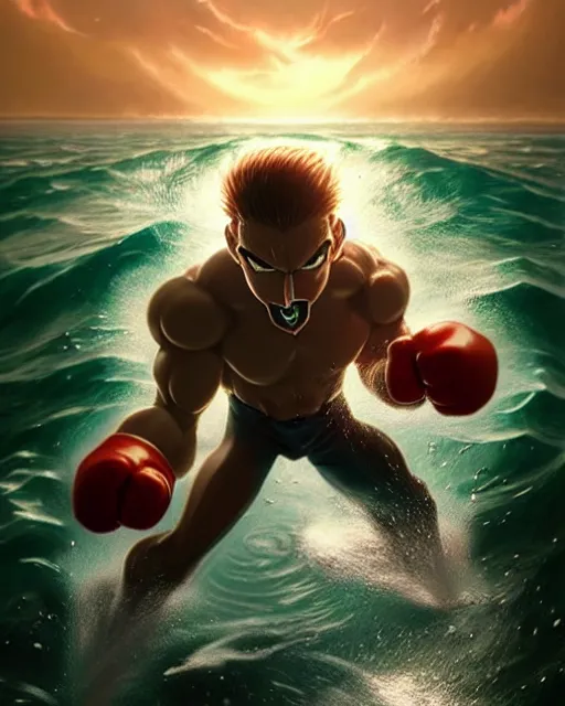 Image similar to gigachad luigi punching like saitama wearing a suit in the ocean, fantasy character portrait, ultra realistic, anime key visual, concept art, intricate details, highly detailed by greg rutkowski, ilya kuvshinov, gaston bussiere, craig mullins, simon bisley