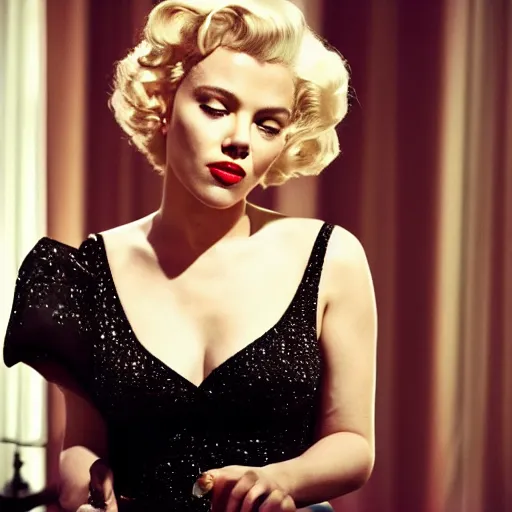 Image similar to stunning awe inspiring scarlett johansen as marilyn monroe, movie still 8 k hdr atmospheric lighting