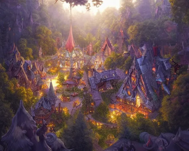 Prompt: fantasy village next to a forest, aerial view, deep focus, d & d, fantasy, intricate, elegant, highly detailed, digital painting, artstation, concept art, matte, sharp focus, illustration, hearthstone, art by artgerm and greg rutkowski and laura sava and alphonse mucha