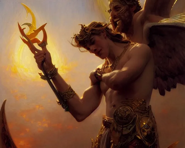 Image similar to attractive pagan male deity, summoning handsome lucifer morning star. highly detailed painting by gaston bussiere, craig mullins, j. c. leyendecker 8 k