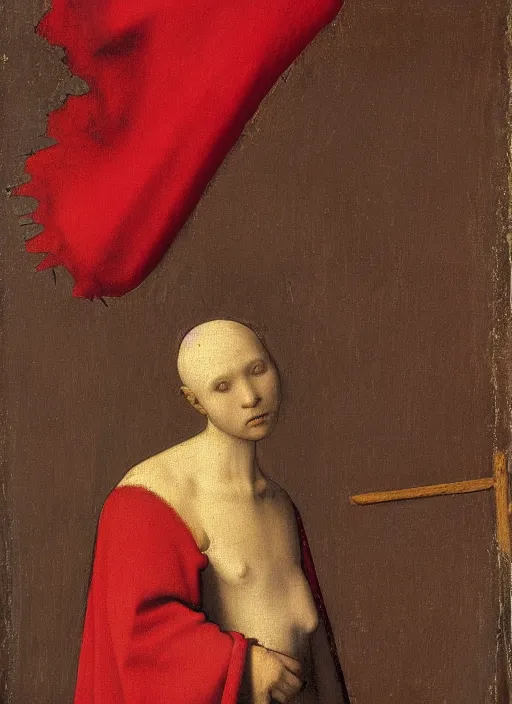 Image similar to Profile of Fallen Angel dressed in red, Medieval painting by Jan van Eyck, Johannes Vermeer, Florence