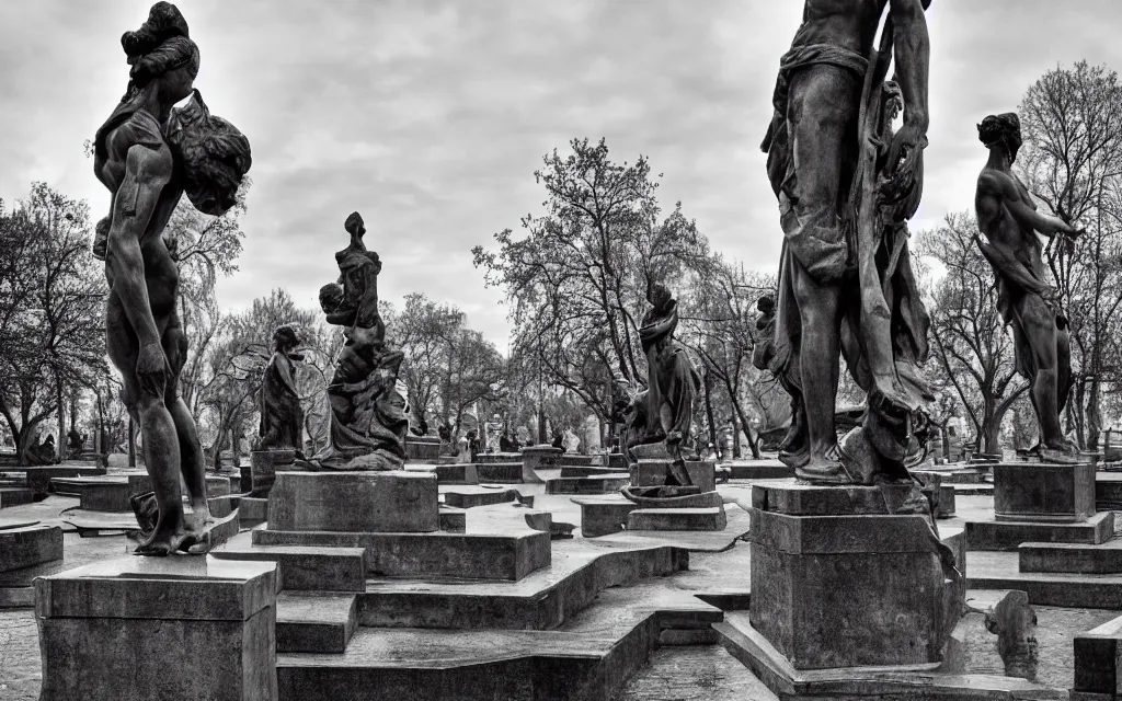 Prompt: the statue park in st. petersburg, by patrick brown, monochrome,