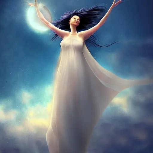 Image similar to a beautiful elegant, majestic goddess gently floating in the sky observing something below frame, art station, epic, clear, high resolution