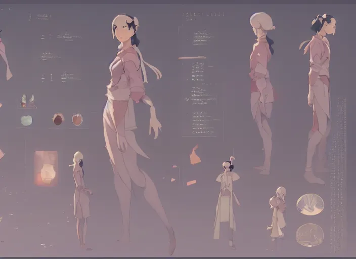 Image similar to character sheet for a beautiful girl, for genshin impact by greg rutkowski, james gilleard, atey ghailan, makoto shinkai, goro fujita, studio ghibli, rim light, exquisite lighting, clear focus, very coherent, plain background, soft painting by huang guangjian and gil elvgren and sachin teng