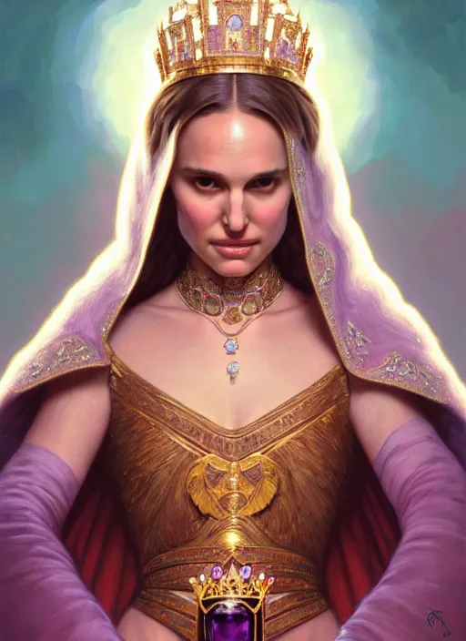 Image similar to portrait of natalie portman as a queen, throne, jewelry, greek, amethyst, intricate, headshot, highly detailed, digital painting, artstation, concept art, sharp focus, cinematic lighting, illustration, art by artgerm and greg rutkowski, alphonse mucha, cgsociety