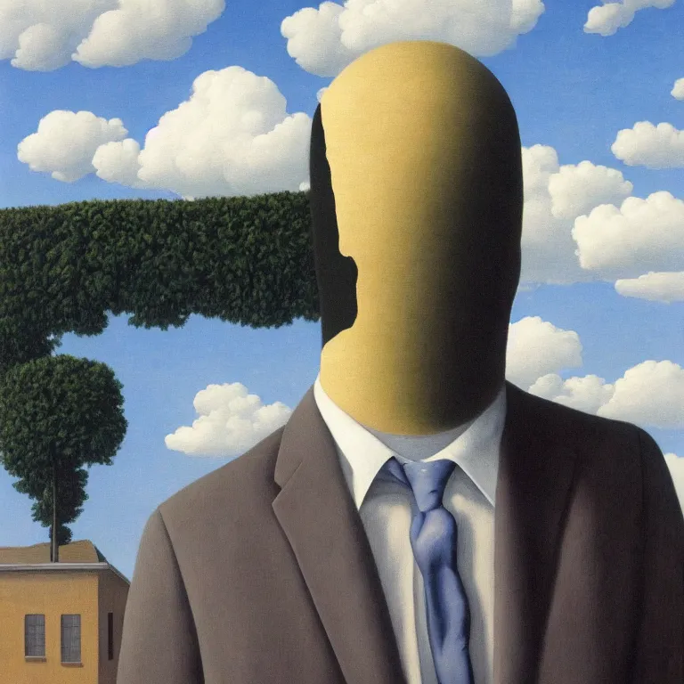 Image similar to portrait of a faceless shadow - head man in a suit, clouds in the background, by rene magritte, detailed painting, distance, centered, hd, hq, high resolution, high detail, 4 k, 8 k