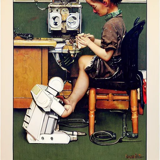 Prompt: a Norman Rockwell painting of a girl fixing her robot