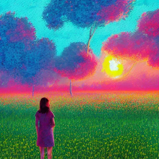 Image similar to huge flower head, girl standing in flower field, surreal photography, big trees, sunrise dramatic light, impressionist painting, colorful clouds, digital painting, pointillism, artstation, simon stalenhag