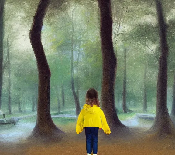 Prompt: A hyperdetailed digital oil portrait painting of a little girl in yellow raincoat ,forest ,bus station ,rainny,by Brueghel the Elder and , Trending on ArtStation and DeviantArt. Digital art.