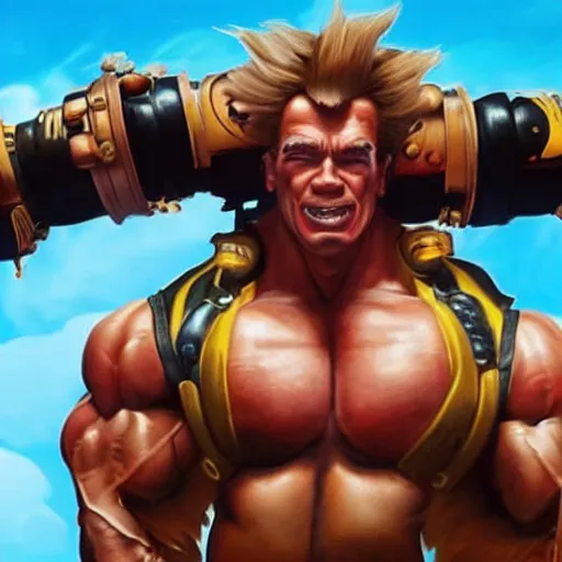 Image similar to a screenshot of arnold schwarzenegger as junkrat in overwatch