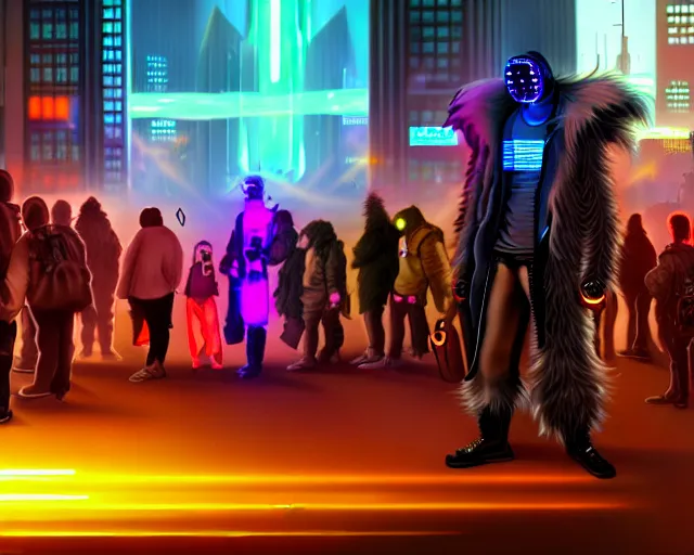 Image similar to high - resolution photograph from a cyberpunk era furry fandom convention ( midwest furfest 2 0 4 7 ), taking place after the genetic revolution and quantum singularity. photorealistic.