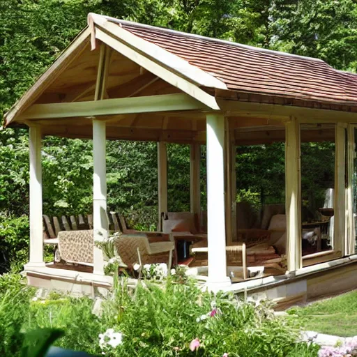 Image similar to roofed elevated veranda of a brown wooden summerhouse with a white swinging garden hammock