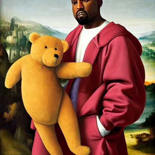Image similar to A renaissance painting of Kanye West with a anthropomorphic Teddy Bear mascot, painting,