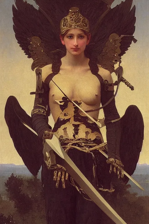 Image similar to portrait of a fully armed skeleton archer with big sword, wearing helmets and armor with wings, symmetrical, solemn, sacred, aura, by bouguereau