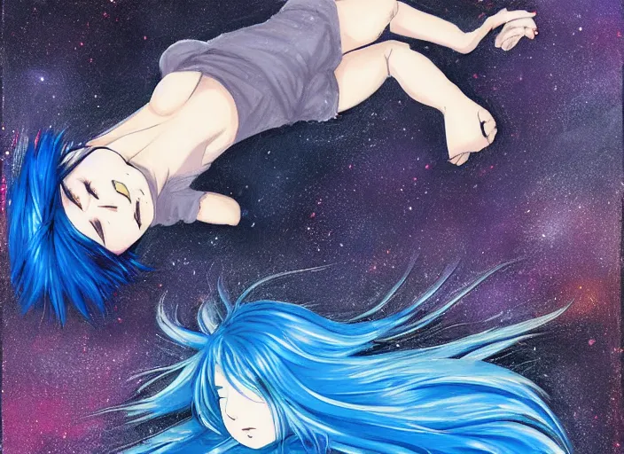 Image similar to a woman with blue hair laying on the ground with her head down, a detailed painting by rei kamoi, featured on pixiv, space art, official art, anime, toonami