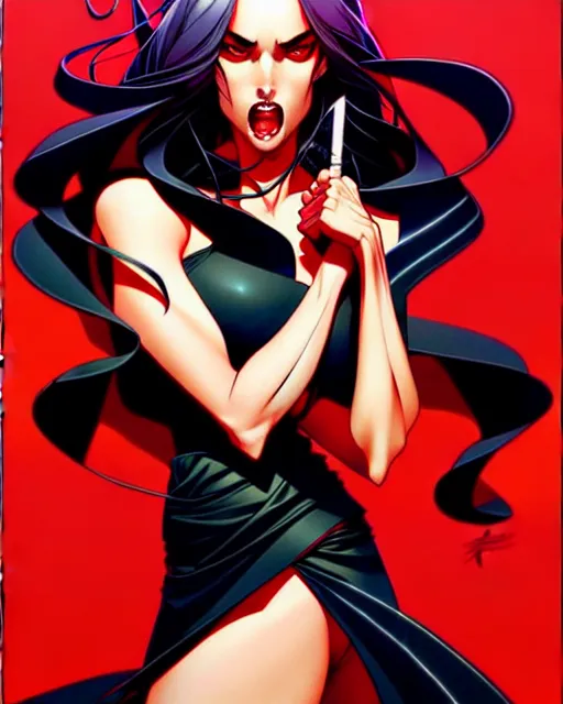 Image similar to artgerm, joshua middleton comic cover art, full body pretty megan fox vampire sharp teeth, red dress, symmetrical eyes, symmetrical face, long curly black hair, dark castle background background, cinematic lighting