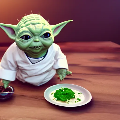 Image similar to curious mouth agape innocent tiny chubby babyfat baby yoda as chef wearing white chefs hat and white apron, offering a plate of food, vegetables, photography, hyperrealism, unreal engine, octane 3 d render, houdini, unity 3 d