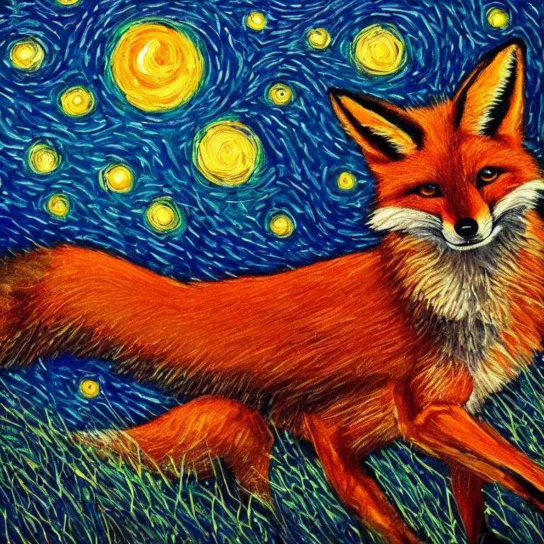 Image similar to a painting of a fox in the style of Starry Night, synthwave, highly detailed