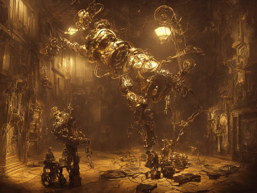 Prompt: a giant mechanical puppet made of brass and gold, hanging from the ceiling of a dark moody interior, puppet, ornate, engraved highly detailed, fantasy, render, octane, raytracing, unreal engine, trending on artstation, illustration, in the style of piotr jablonski, artgerm and greg rutkowski, dishonored, arkane lyon