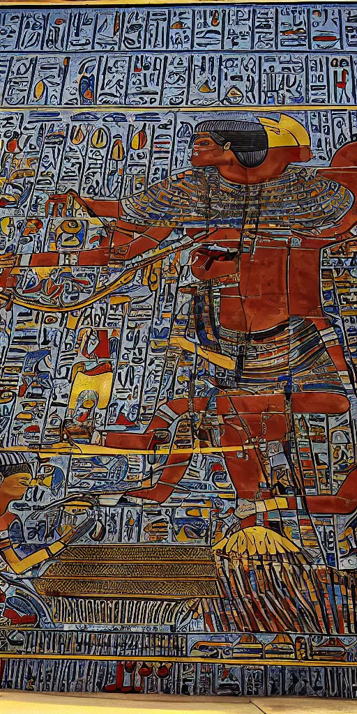 Image similar to egyptian mural of elon musk with ancient car