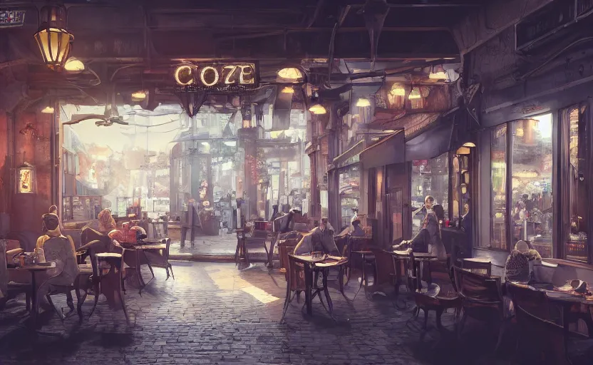 Image similar to a cozy relaxed cafe, looking out at the bustling underbelly of a thriving steampunk city by james paick, trending on cgsociety, unreal engine, 4 k wallpaper