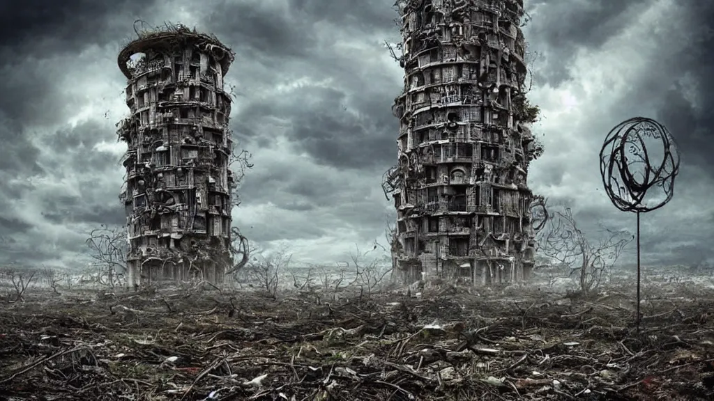 Prompt: bio-organic detailed tower building with tendrils and a giant Eyeball!!! at the top, looking over a stormy post-apocalyptic wasteland, dystopian art, wide lens